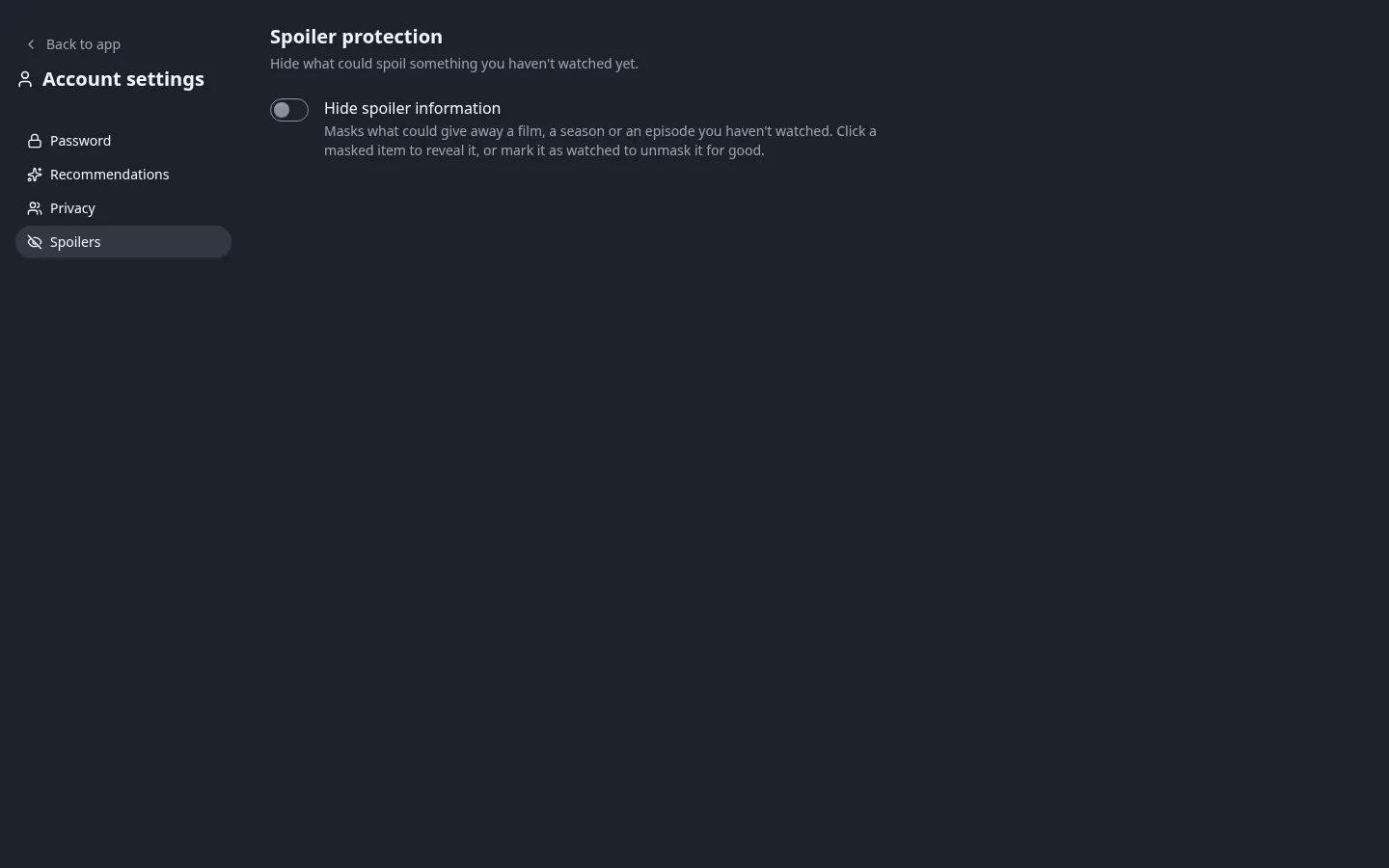 The Account settings > Spoilers page with its Hide spoiler information switch