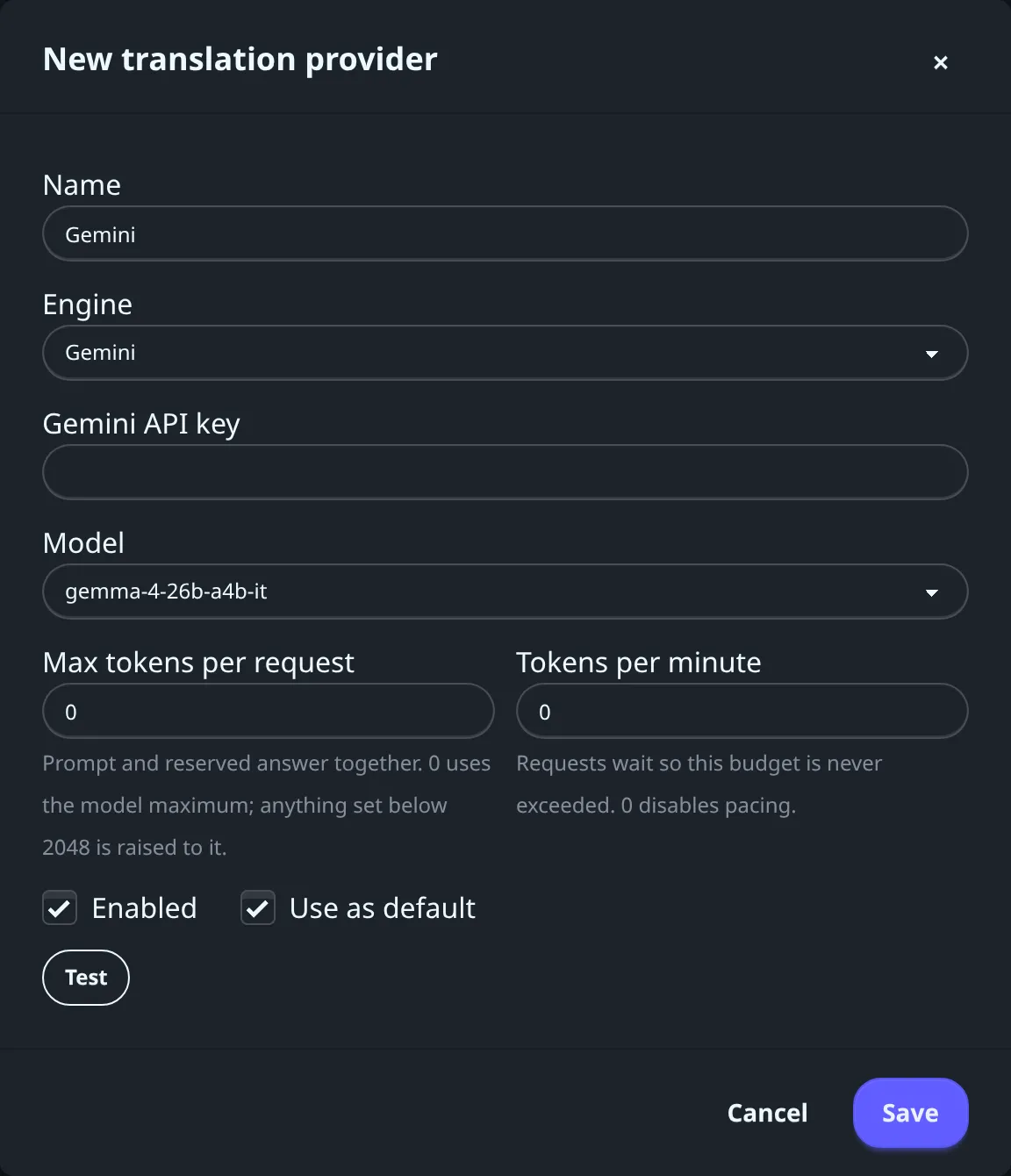 The New translation provider dialog, with the Gemini engine and the gemma-4-26b-a4b-it model selected
