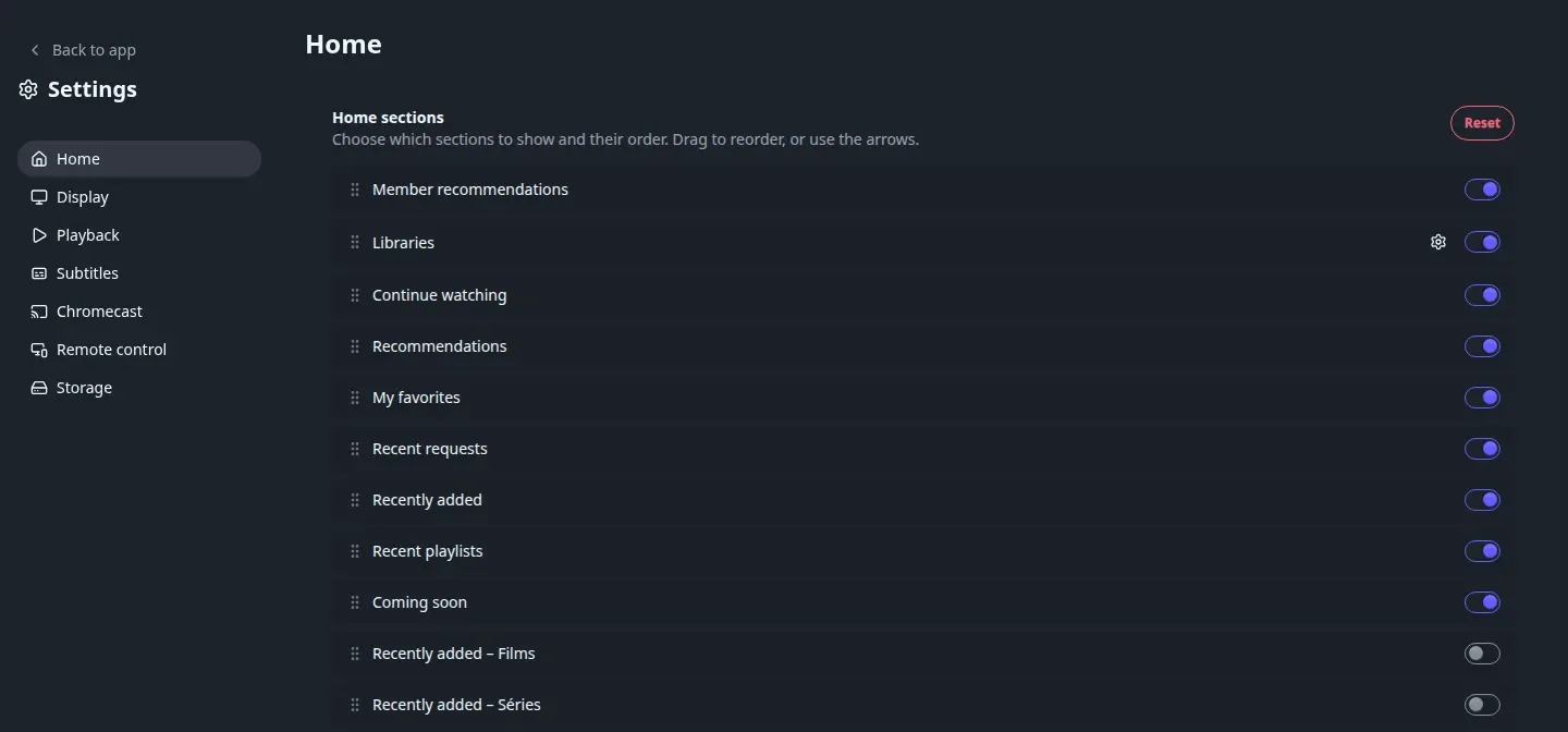 The App settings > Home page, with its reorderable list of home rows and a switch for each