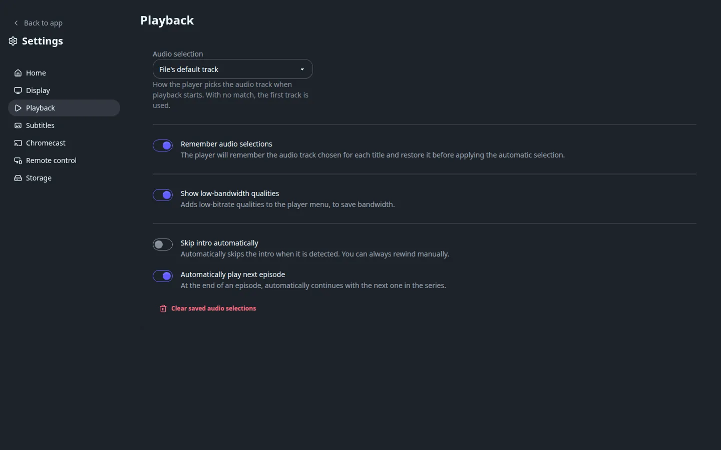 The App settings > Playback page: audio selection rule and its related toggles