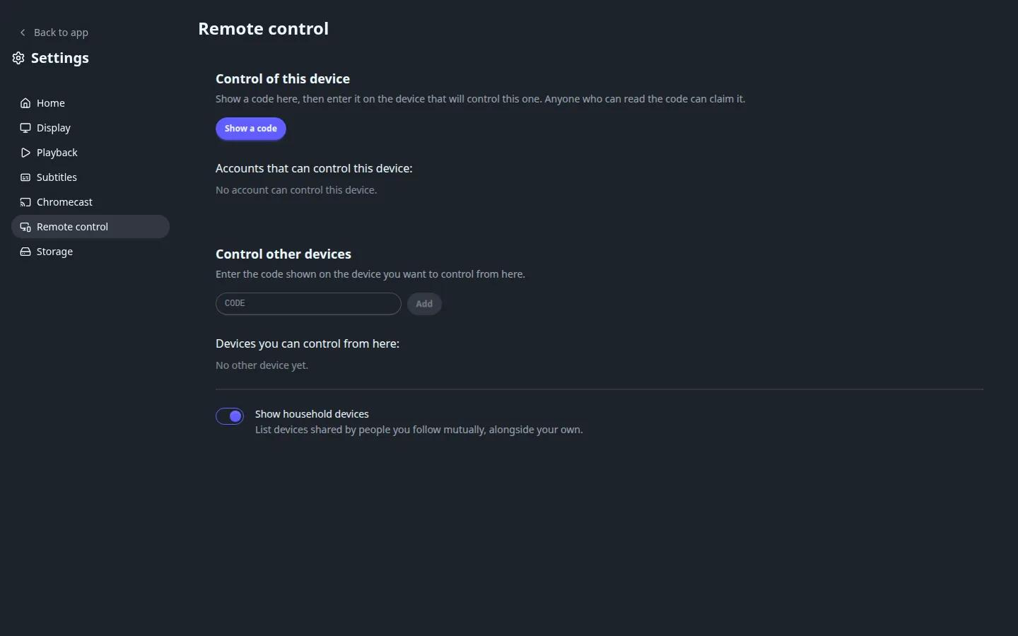 The App settings > Remote control page, before a code is shown or a device is added