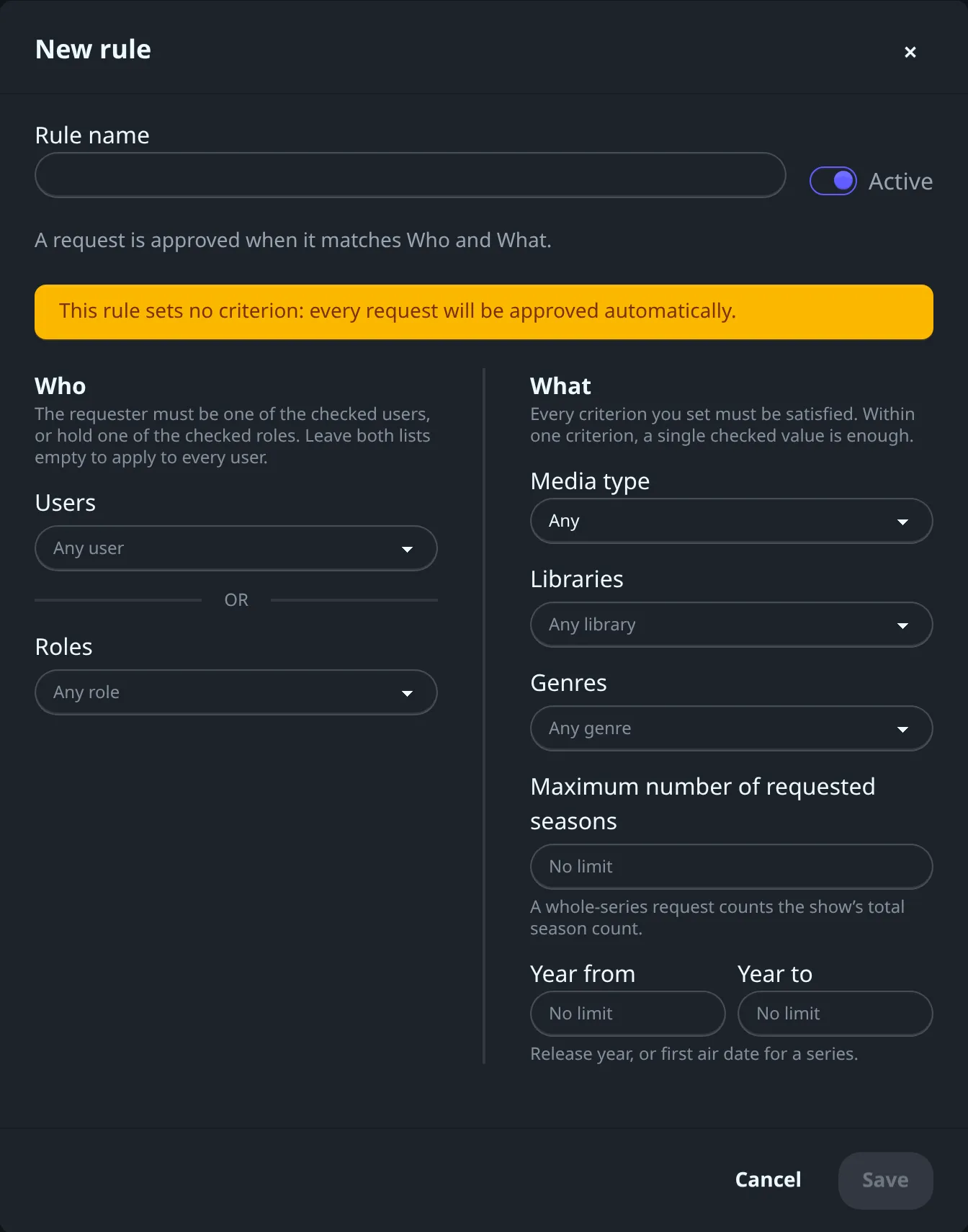 The New rule dialog, with its Who and What condition builder