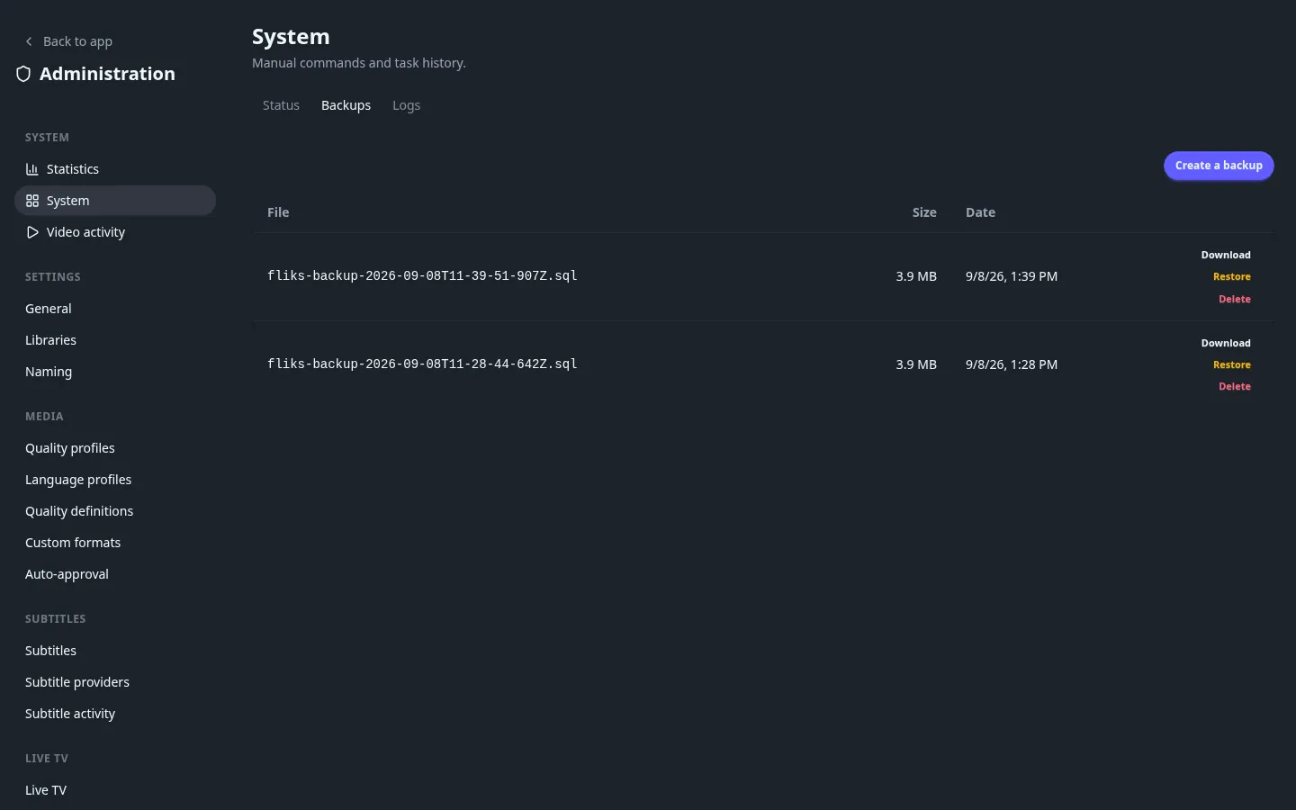 The Backups list, with each backup size, date and the Download/Restore/Delete actions