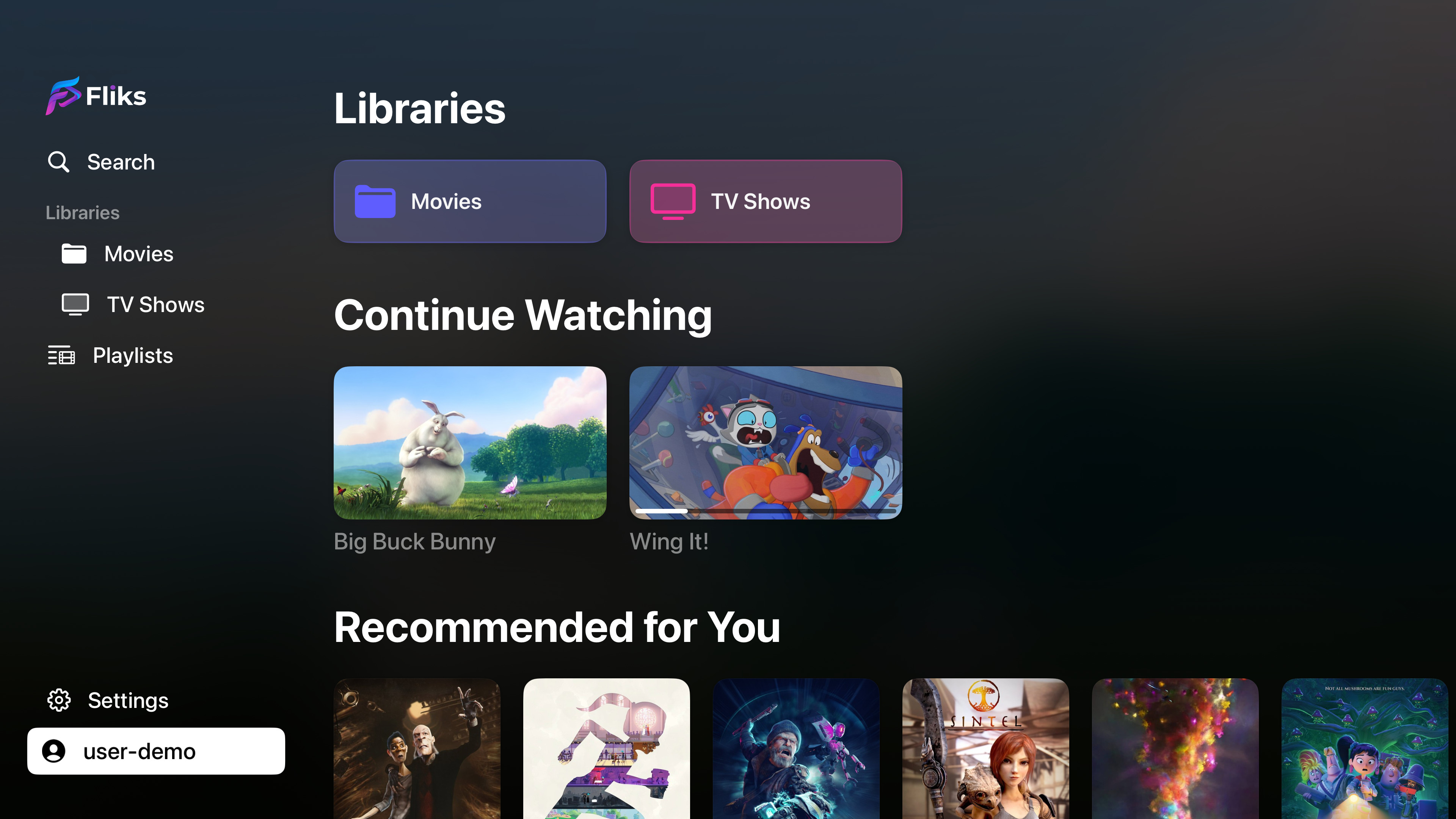 The Fliks home screen on Apple TV
