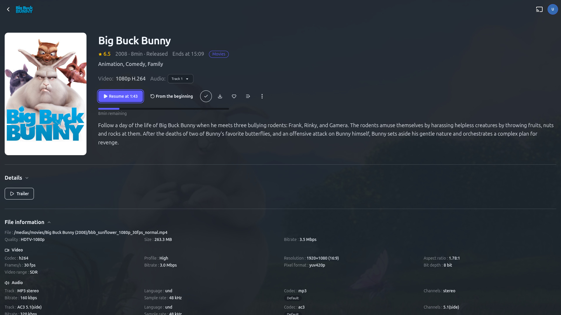 A movie detail page on a Samsung TV