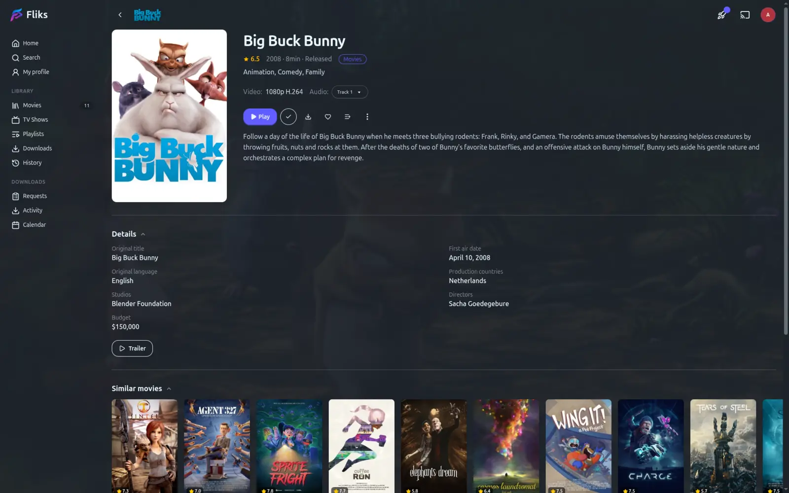 A movie detail page with cast, crew and release details