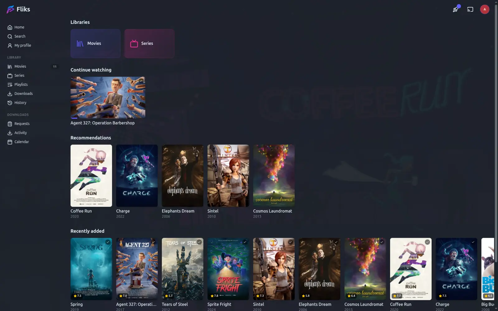 The Fliks home page with its Continue Watching and Recently Added rows