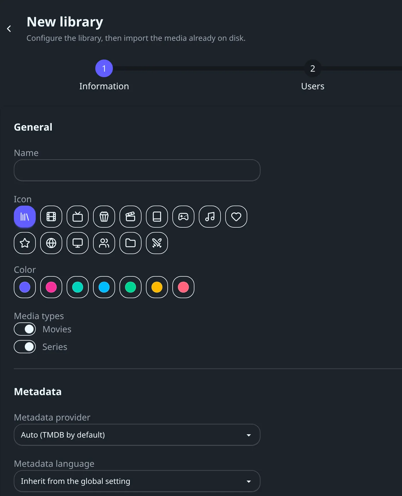 The Information step of the New library wizard, with icon, color, media types and metadata fields