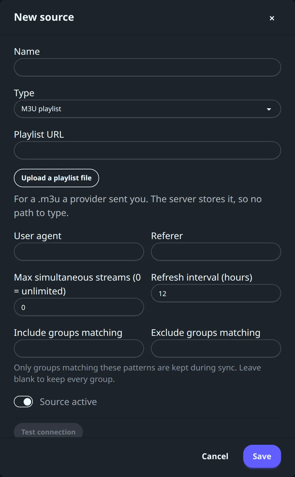 The New source dialog for an M3U playlist, with its optional fields and Test connection