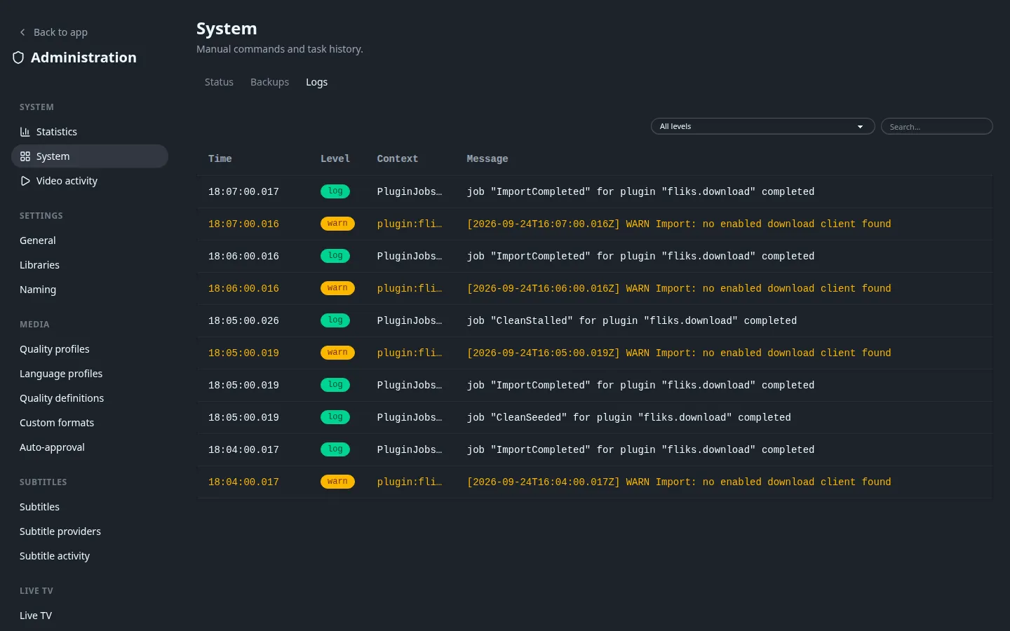 The in-app log viewer, with log and warn lines from scheduled plugin jobs