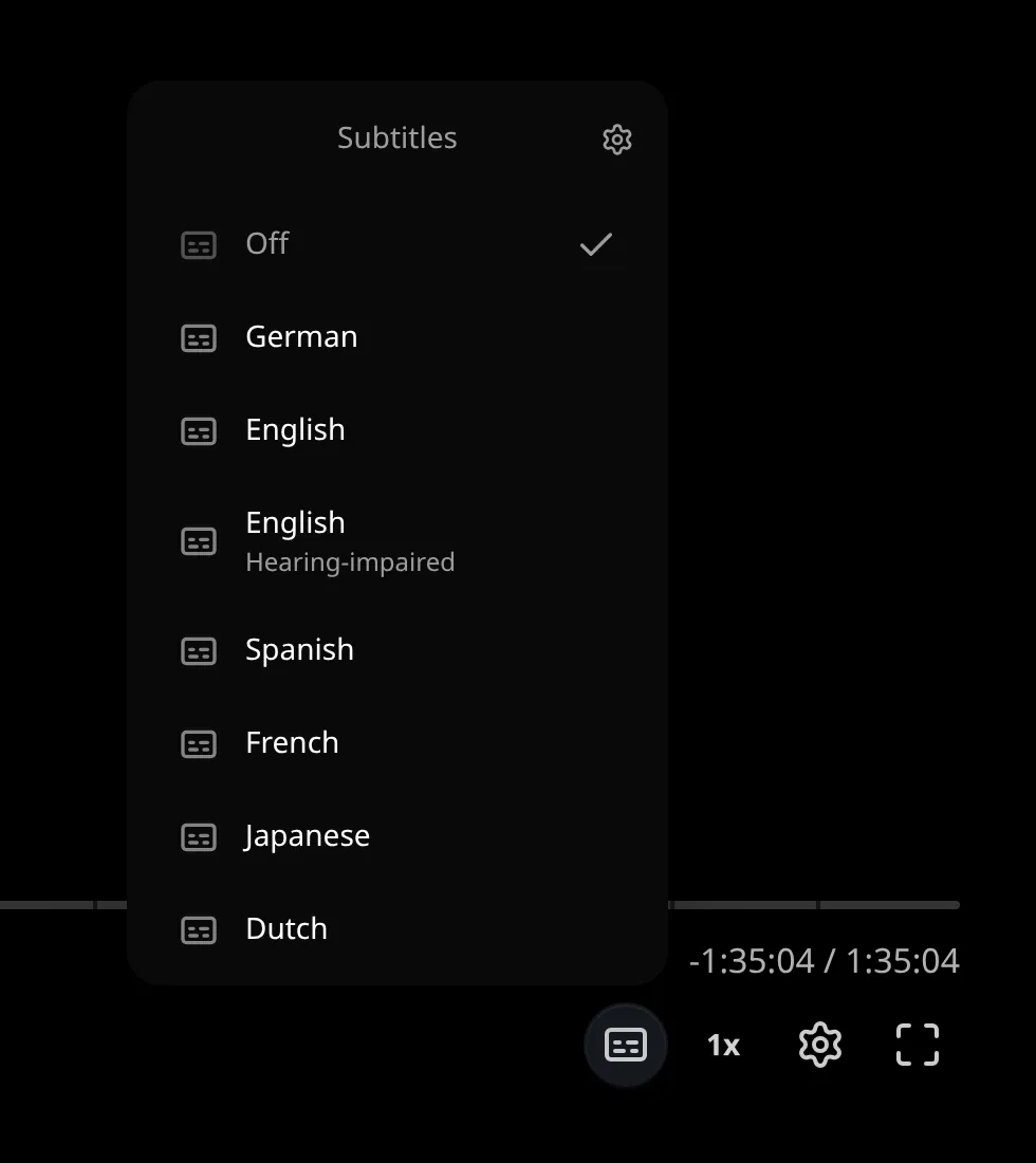 The subtitle track picker in the player, listing every language including a hearing-impaired track