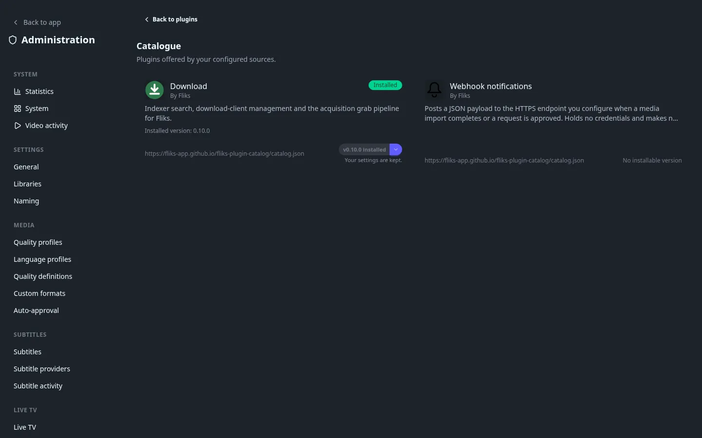 The plugin catalogue, with one plugin installed and another listed with no installable version