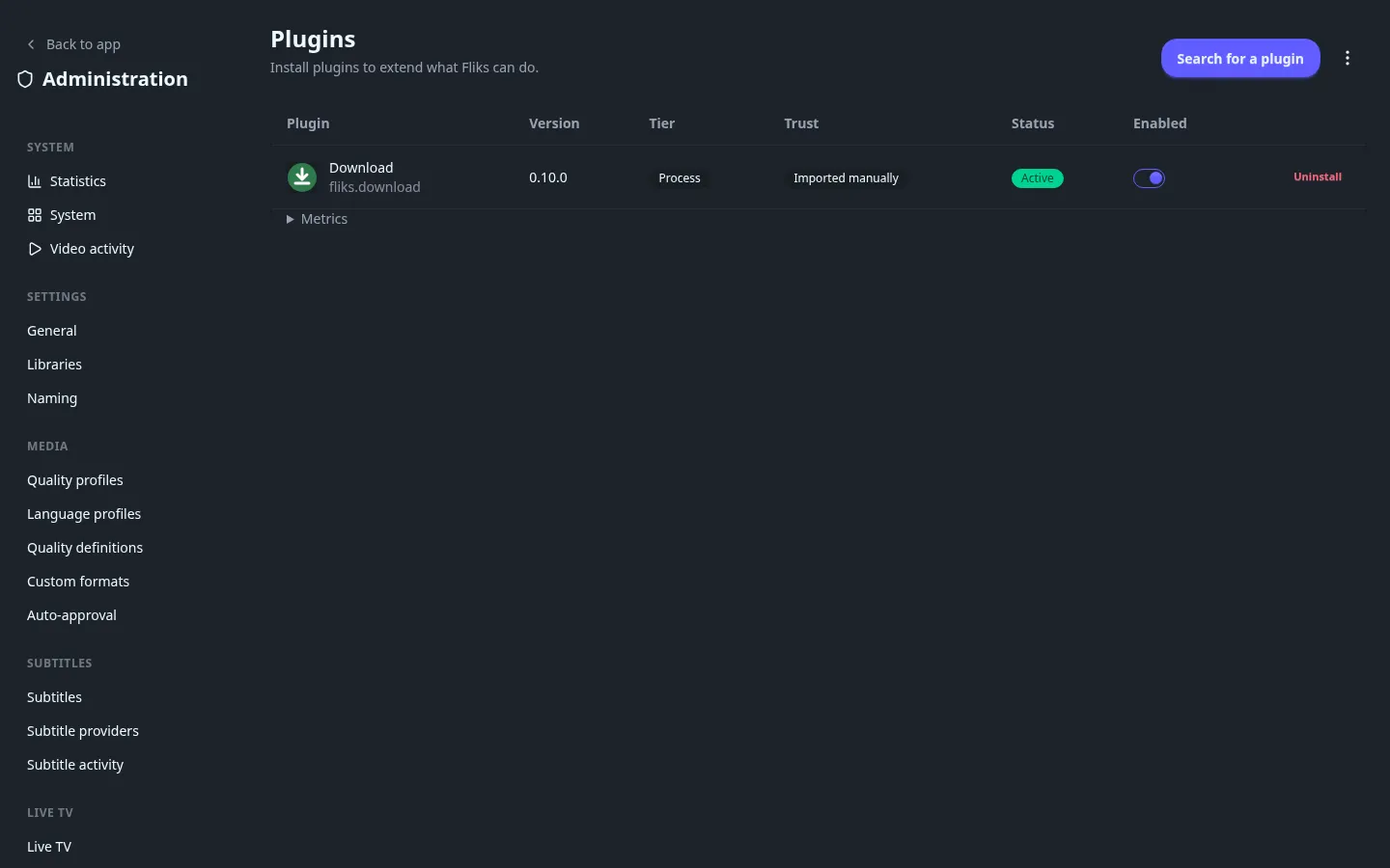 The installed plugins list, showing the version, tier, trust badge and status of a plugin