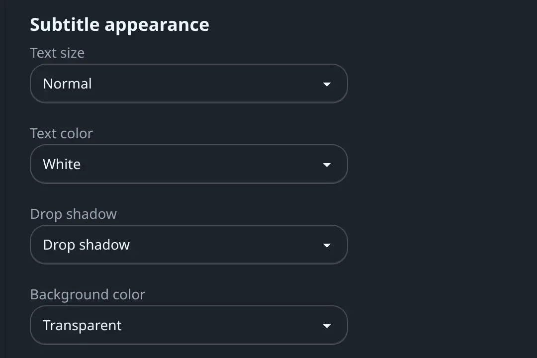 The Subtitle appearance settings: text size, text color, drop shadow and background color
